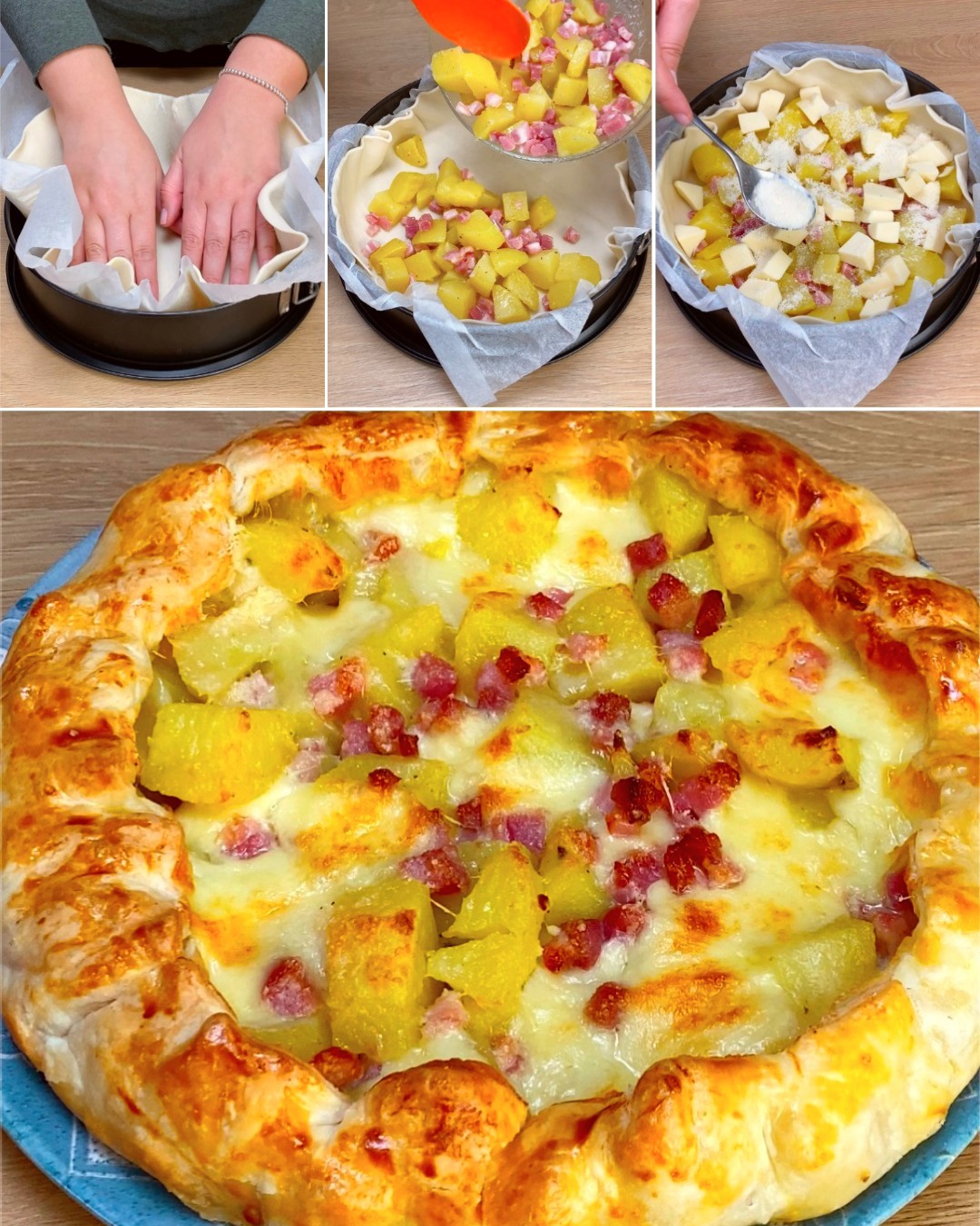 Puff pastry pie with potatoes, bacon and cheese