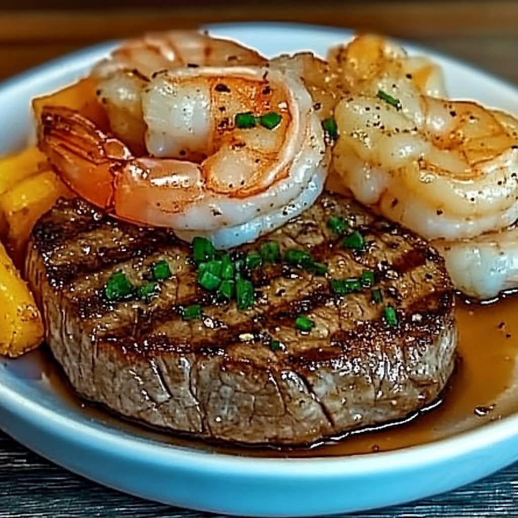 Steak paired with shrimp in a delicious garlic butter sauce