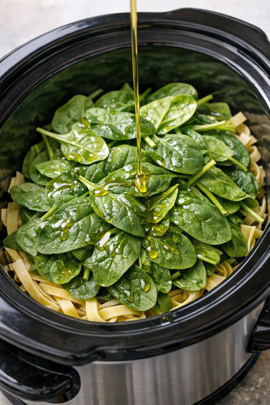Put fresh spinach and pasta in the slow cooker with 4 other ingredients to make a meal so delicious your friends will be begging for more!